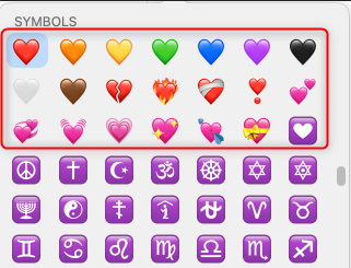 Hearts in the emoji keyboard on Mac.