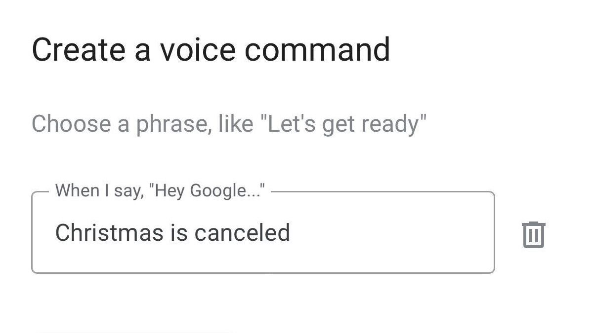 An example of a Google Home voice command trigger that turns off Christmas lights.
