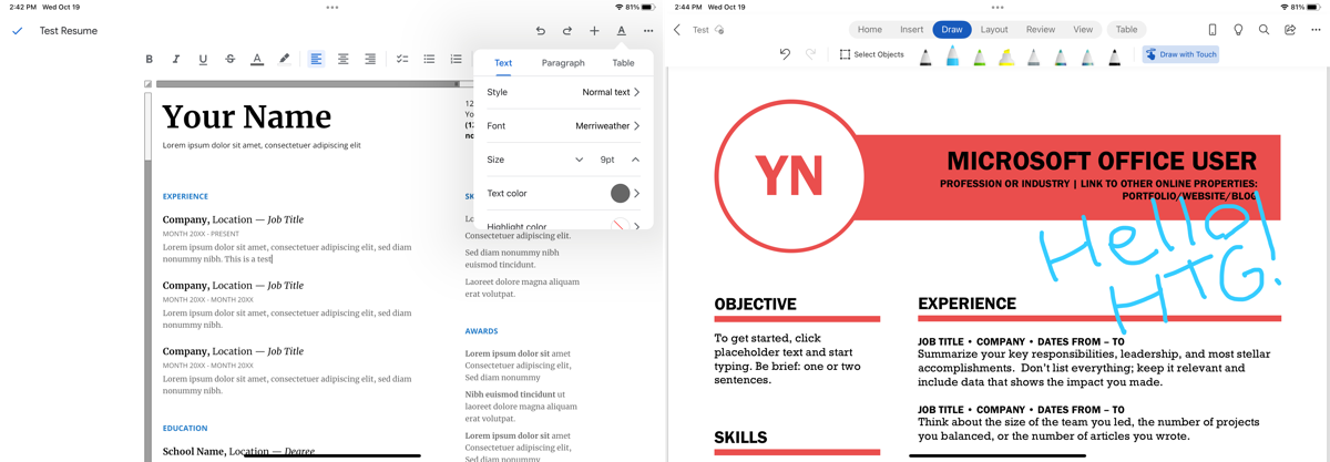 Google Docs (left) and Microsoft Word (right) on an iPad