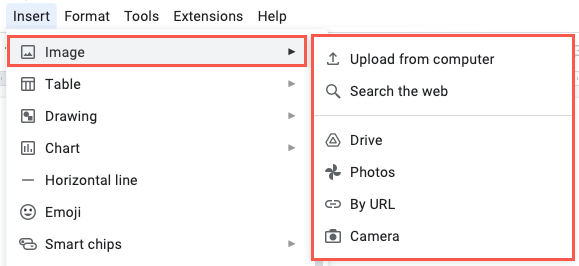 Image location options in Google Docs