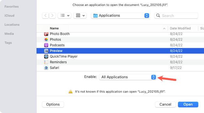 All Applications selected to display Preview as an option on Mac