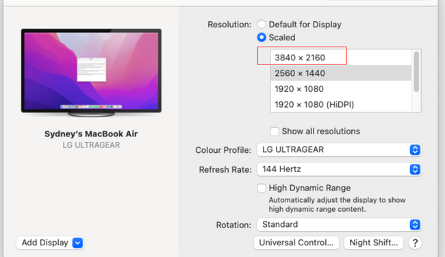 MacOS Scaled Resolution Options Showing 4K virtual resolution.