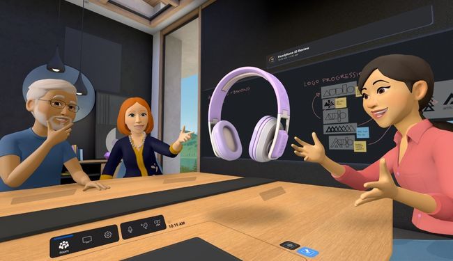 Metaverse Scene Of Avatars sitting around a table looking at a floating pair of headphones