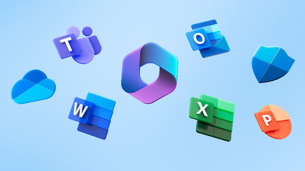 Microsoft 365 logo surrounded by icons for Word, Excel, and other apps