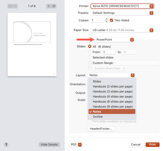 Notes in the PowerPoint print layout on Mac