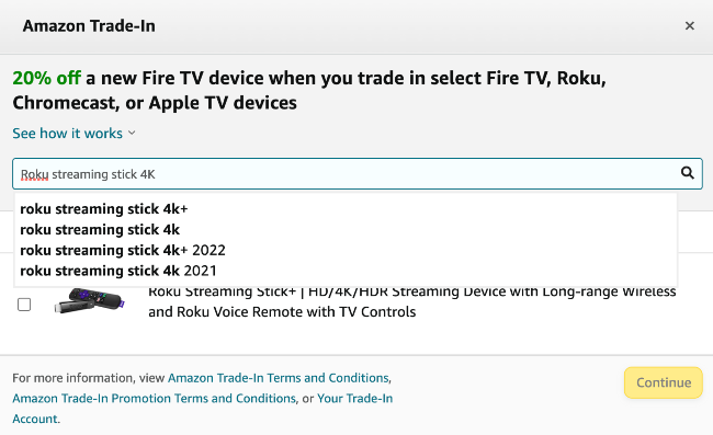 Entering Roku streaming stick 4K into Amazon Trade-In window