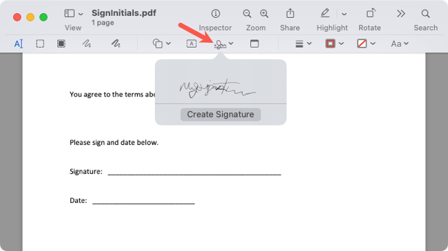 Sign button in the Markup toolbar in Preview