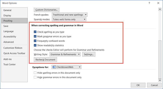 Spelling and Grammar settings in the Word Options