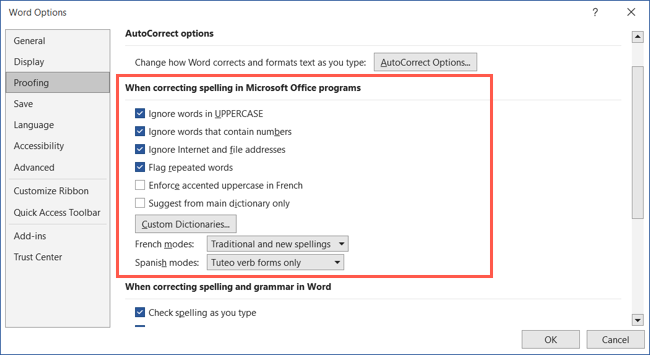 Spelling and Grammar settings for Office