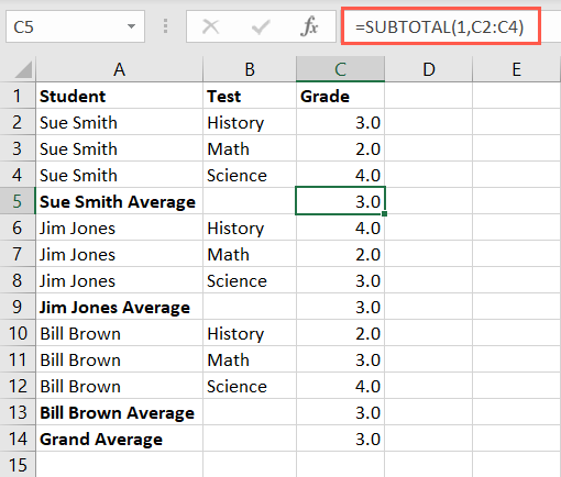 Subtotal average for ungrouped rows