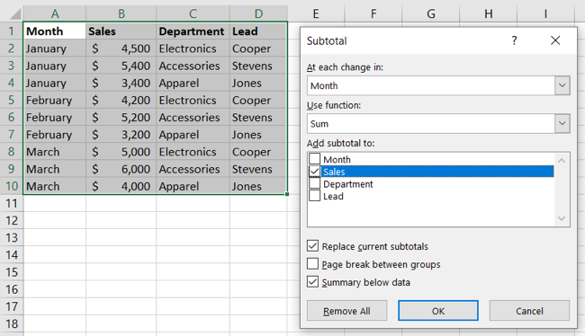 Subtotal settings for the Sum function