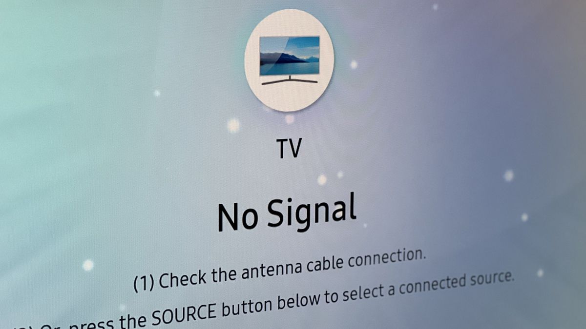 A modern TV set with a &quot;No Signal&quot; message on the screen.