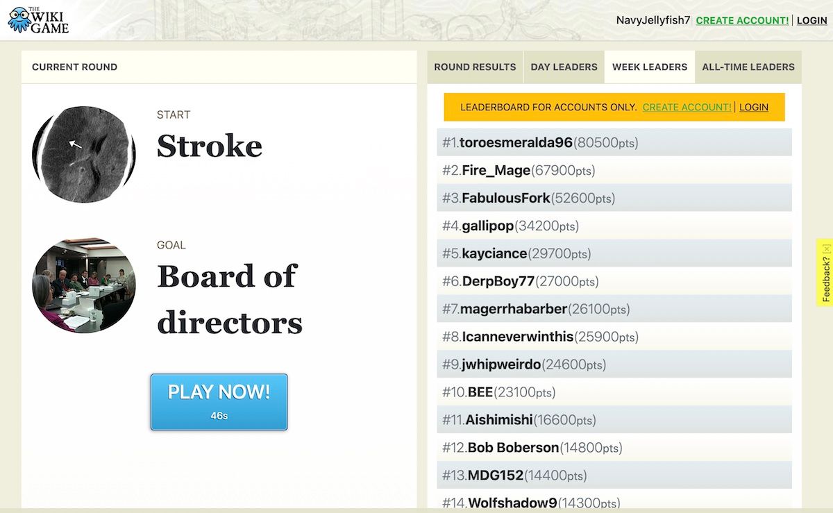 The Wiki Game screenshot for finding the link between "Stroke" and "Board of directors"
