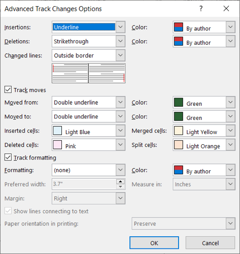 Advanced Track Changes settings in Word
