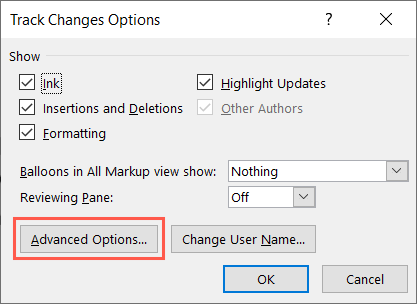 Advanced Options button for Track Changes