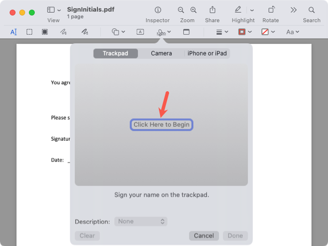 Click Here to Begin in the Trackpad signature option