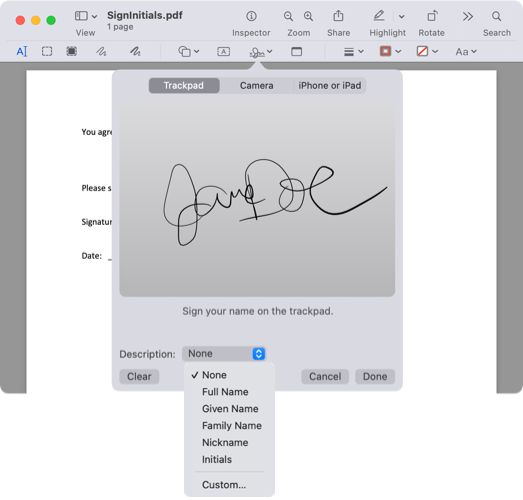 Descriptions for a Trackpad signature
