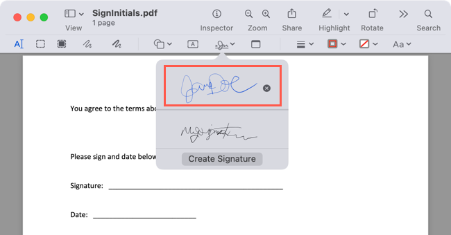 Trackpad signature in the Sign menu