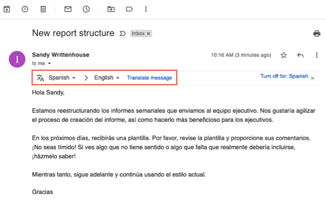 Languages and Translate Message link in Gmail