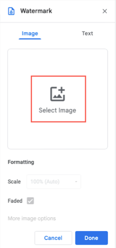 Select Image in the Watermark sidebar