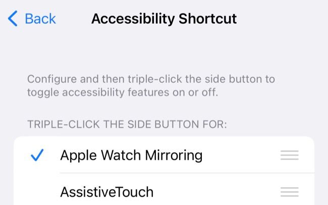 Add Apple Watch Mirroring to your list of accessibility shortcuts
