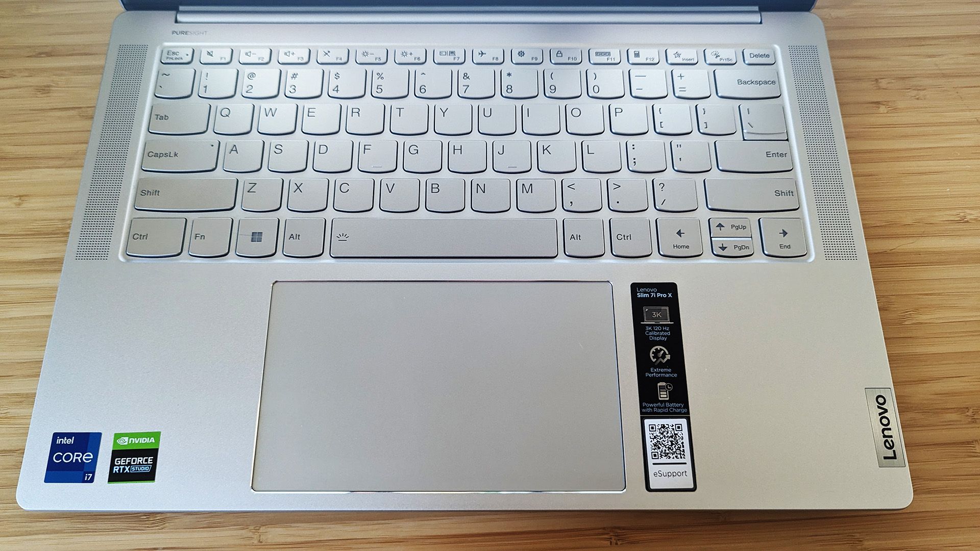 The Lenovo Slim 7i Pro X laptop's keyboard and trackpad.
