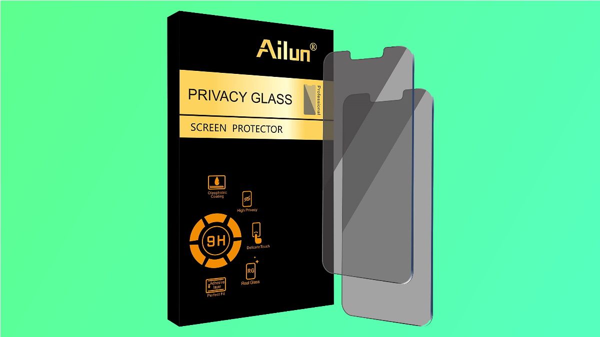 Ailun privacy glass protector on green background