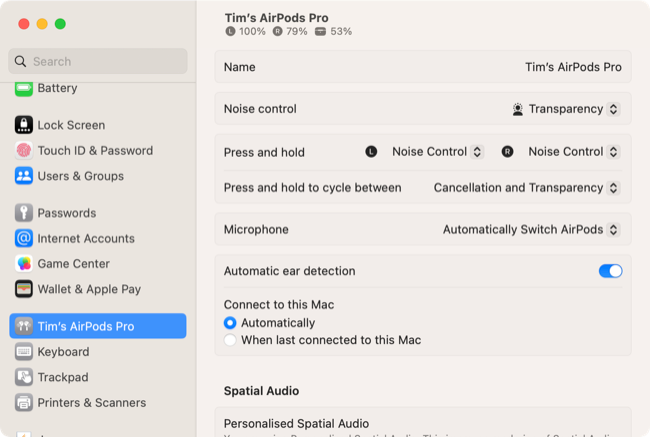 AirPods System Settings preferences panel