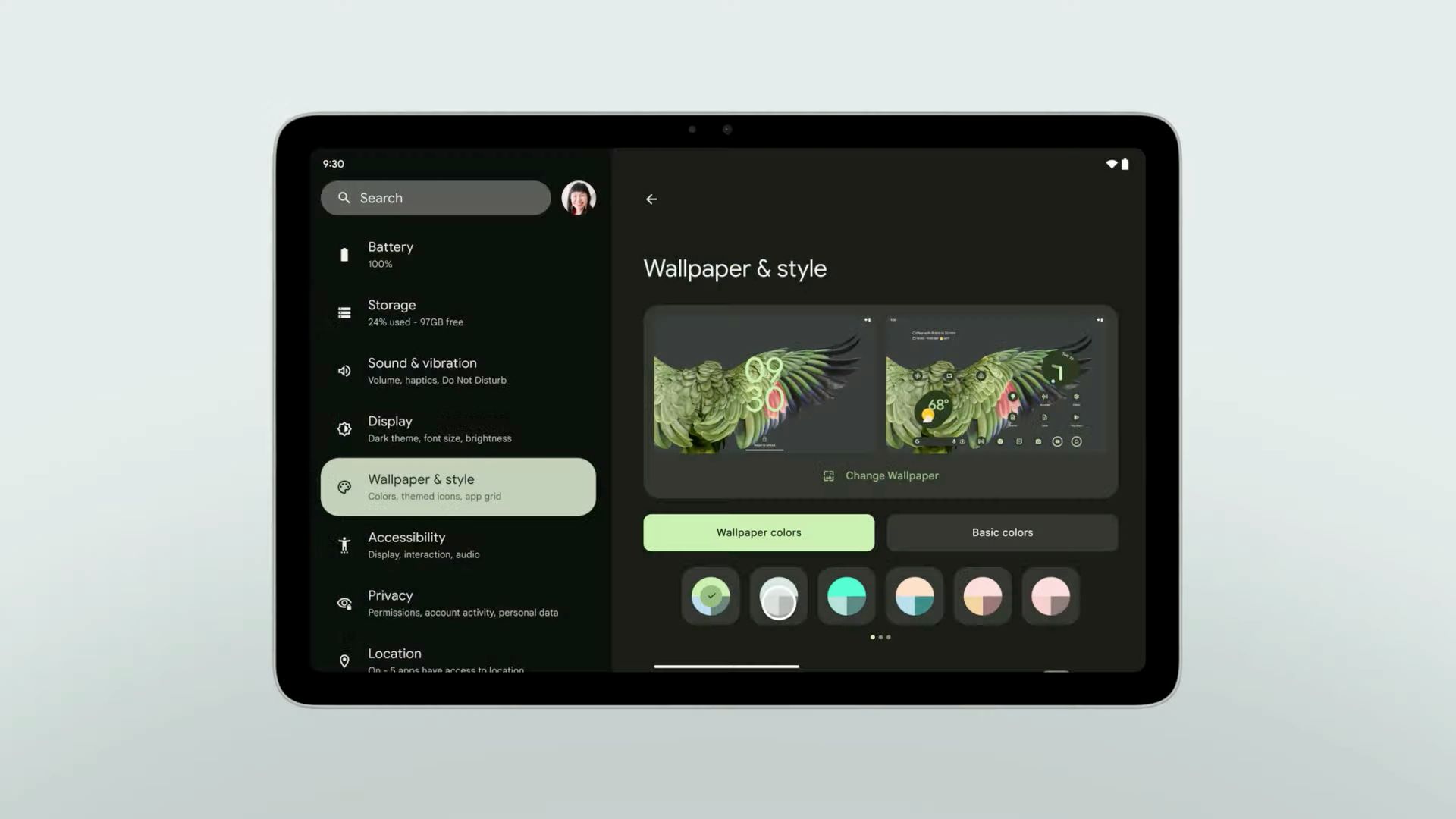 Google Pixel Tablet showing the &quot;Wallpaper &amp; style&quot; screen.