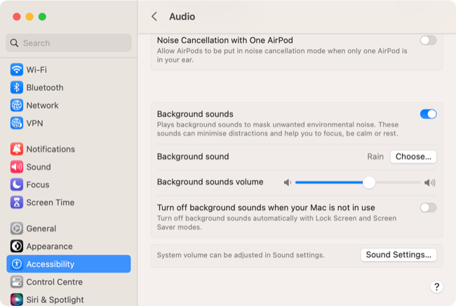 Toggle Background Sounds on or off in macOS 13 Ventura