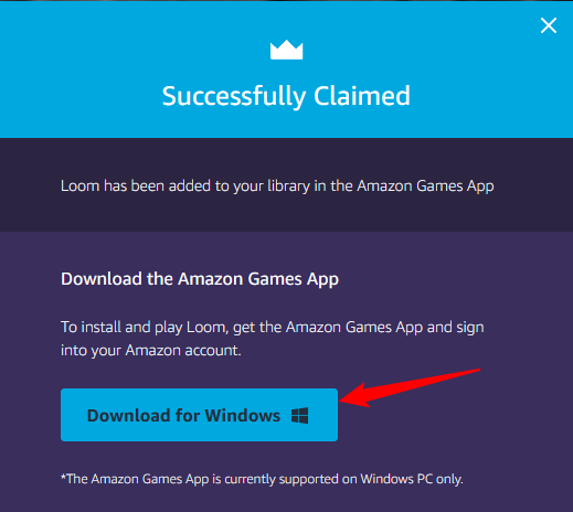 Click &quot;Download for Windows&quot; to download the Amazon Games App installer. 