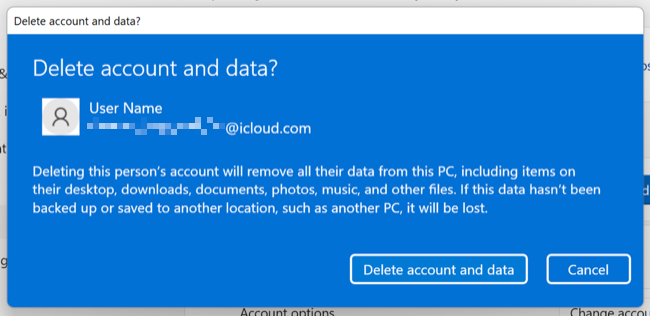 Confirm account removal in Windows 11