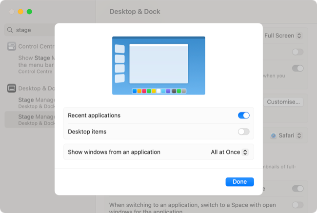 Customize Stage Manager in Desktop & Dock settings