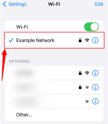 Tap your current network. &quot;Example Network&quot; in this case. 