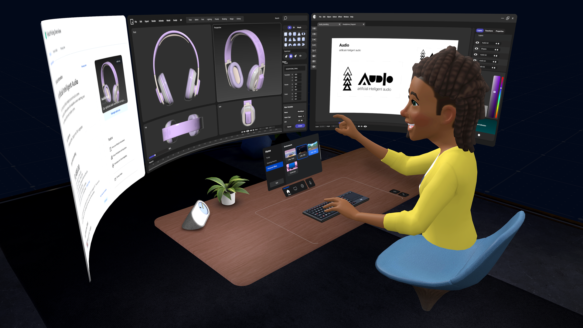 A digital avatar working at a computer