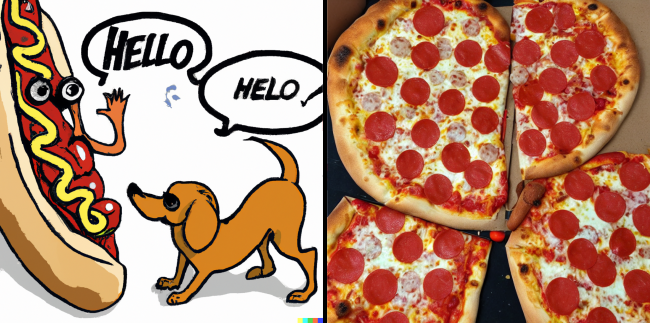 A hot dog saying hello to a pizza.