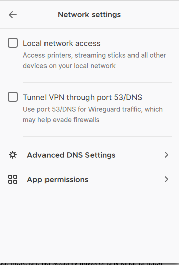 Setting on the Mozilla VPN app