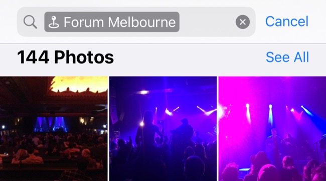 Finding images taken at a venue by searching for it in the iPhone Photos app