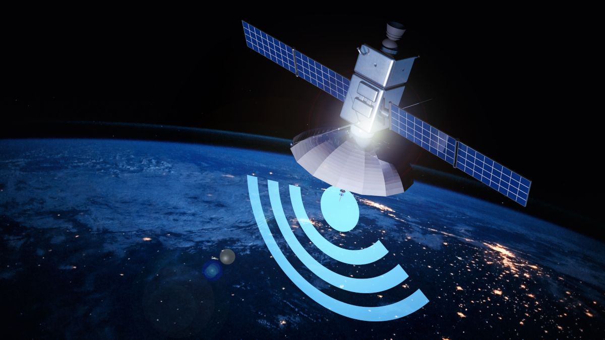 Satellite with a Wi-Fi symbol below it orbiting over Earth.