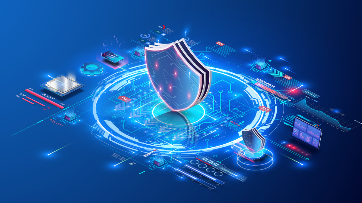 Digital drawing of a shield surrounded by glowing, interconnected devices to illustrate the concept of cybersecurity.