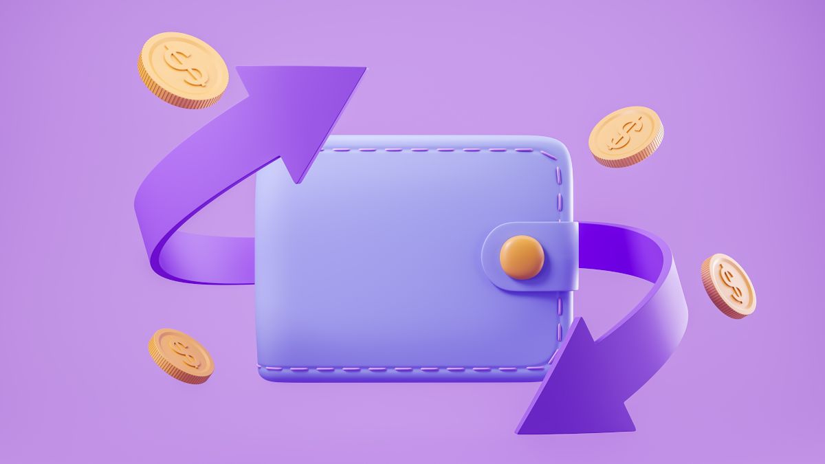 Digital illustration of a wallet with coins floating around it and arrows forming a circle to illustrate a refund.