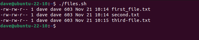 Running the files.sh script with filenames containing no spaces