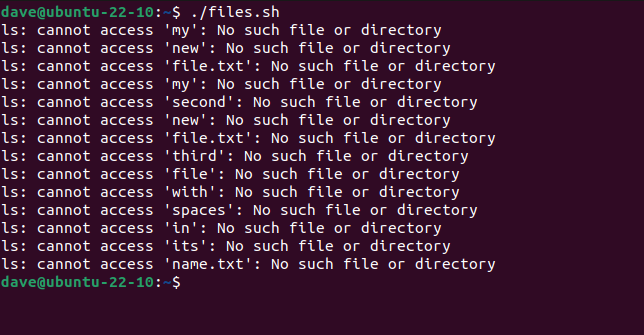 Running the files.sh script with filenames containing spaces