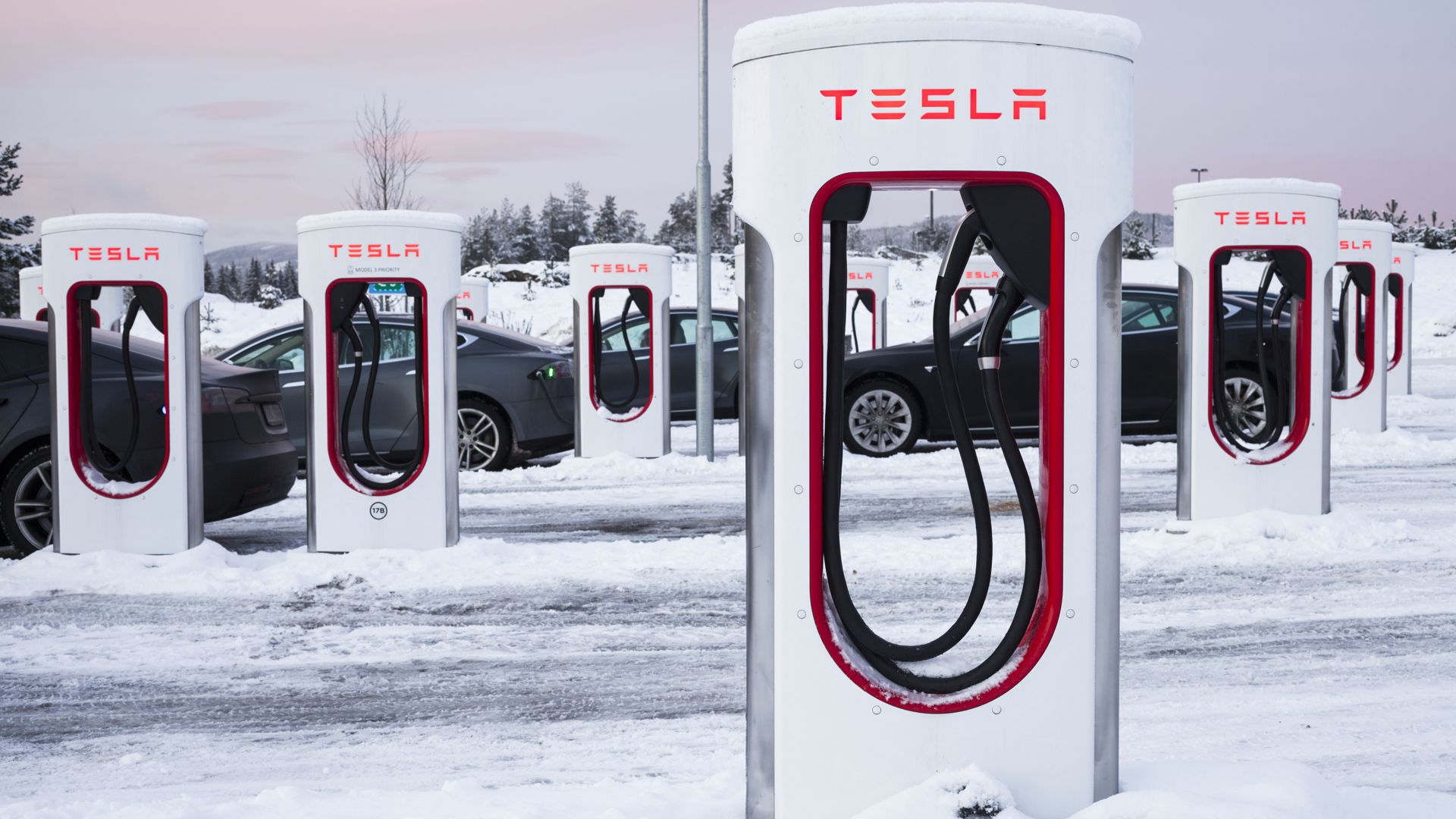 Tesla superchargers in the winter snow