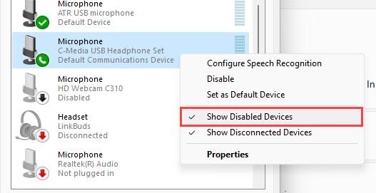 Select "Show Disabled Devices."