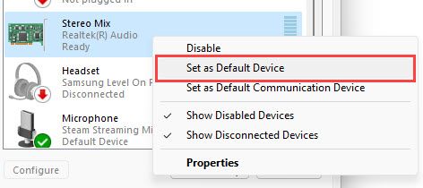 Set "Stereo Mix" as "Default Device."