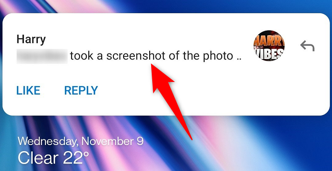 An Instagram screenshot notification for a disappearing message.