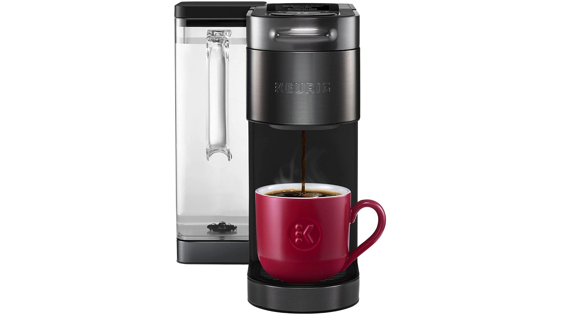 A smart coffee maker is shown on a white background.