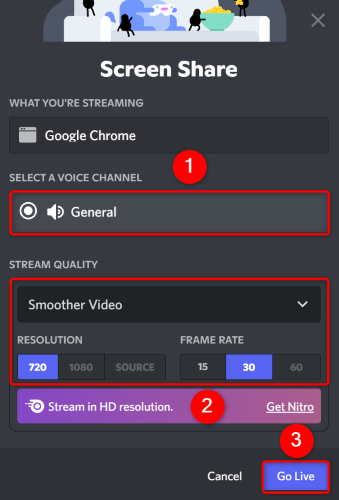 Configure streaming options and select "Go Live."
