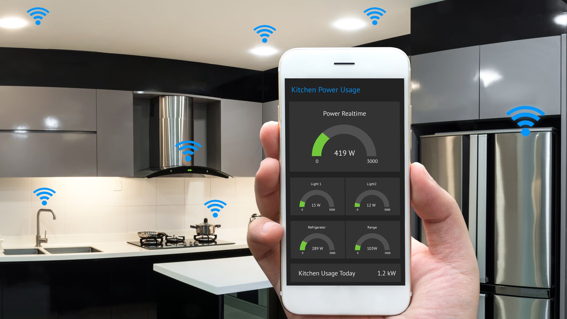A man holding a smartphone connected to half a dozen smart devices in the kitchen.